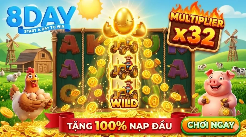Giao diện game slot CooCoo Farm tại 8Day bùng nổ với tính năng Quả Trứng Vàng mở rộng biểu tượng Wild, mang đến hệ số nhân x32 và cơn mưa tiền xu vàng siêu hấp dẫn.
