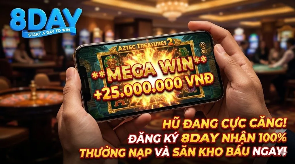 Hình ảnh infographic thương hiệu 8Day tóm tắt đánh giá chi tiết trò chơi Slot Aztec Treasure, với các mục rõ ràng về Ưu điểm (ví dụ: vòng quay miễn phí, hệ số nhân) và Nhược điểm (ví dụ: độ biến động cao), cùng các thông số kỹ thuật như RTP và độ biến động.