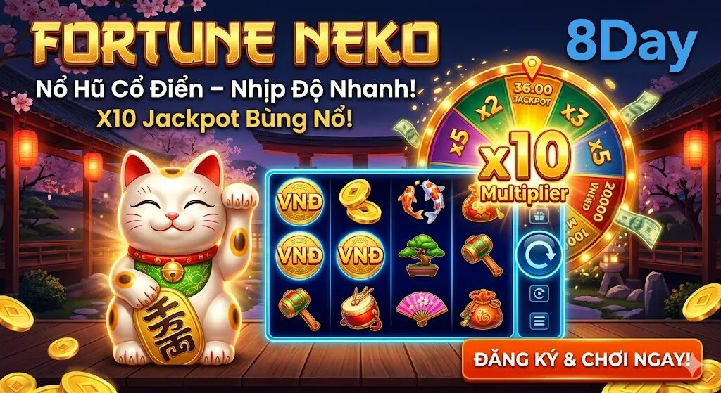 Mèo Thần Tài vẫy gọi tài lộc trong siêu phẩm game slot nổ hũ Fortune Neko 8Day, nổi bật với tính năng Vòng Quay May Mắn nhân x10 Jackpot cực khủng.