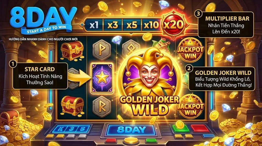 Hướng dẫn cách chơi Super Ace Deluxe 8Day chi tiết với tính năng Thẻ Sao (Star Card), Golden Joker Wild và hệ số nhân Multiplier x20.