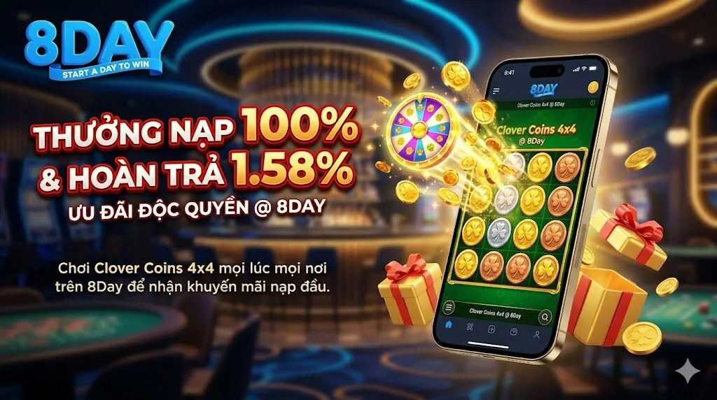Trải nghiệm chơi Clover Coins 4x4 mượt mà trên ứng dụng điện thoại 8Day để nhận ngay khuyến mãi thưởng nạp 100% và hoàn trả 1.58%.