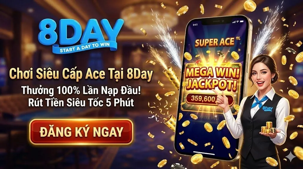 Giao diện trúng Jackpot Mega Win khi chơi Siêu Cấp Ace trên điện thoại tại 8Day, kèm chương trình tặng thưởng 100% nạp đầu và rút tiền siêu tốc 5 phút.