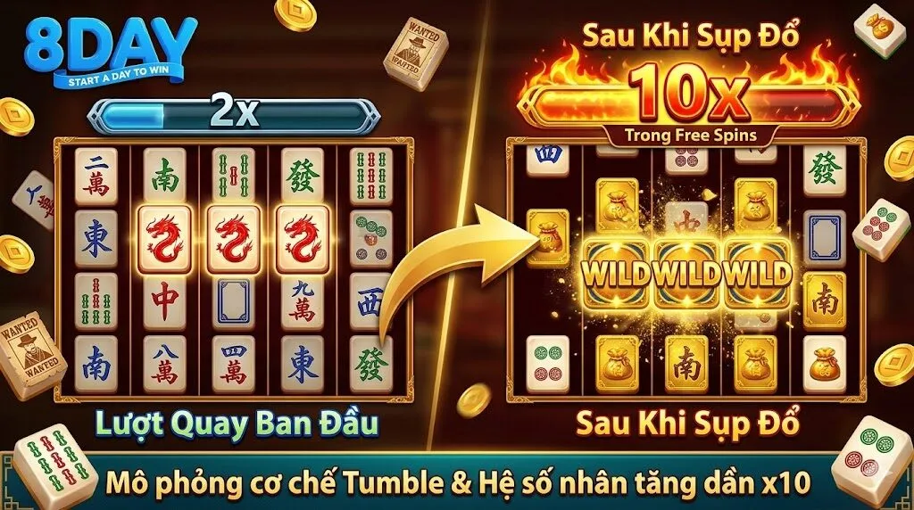 Infographic so sánh cơ chế Multiplier và Tumble: Bên trái lượt quay đầu với cụm thắng Rồng Đỏ và hệ số 2x; bên phải kết quả sau sụp đổ với Wilds xuất hiện và hệ số nhân bùng cháy 10x 'Trong Free Spins', nối nhau bởi mũi tên chuyển động. (Describes exactly what is shown and includes visible text).