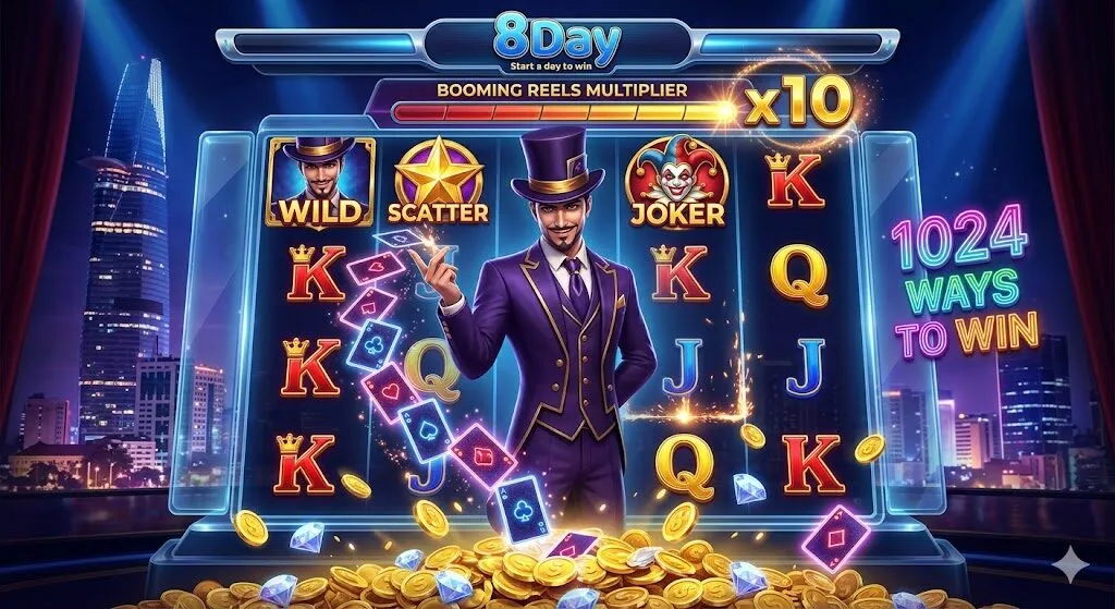 Giao diện game slot Trump Card 8Day với ảo thuật gia Card Shark, cơ chế 1.024 cách thắng và hệ số nhân x10 bùng nổ trên nền bối cảnh tòa tháp Bitexco sang trọng.
